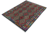 Flat Weave Kilim Antique Navaho Vintage handmade Geometric Kilim Red Green Hand-Woven Rectangle 100% Wool Area Rug 5x7